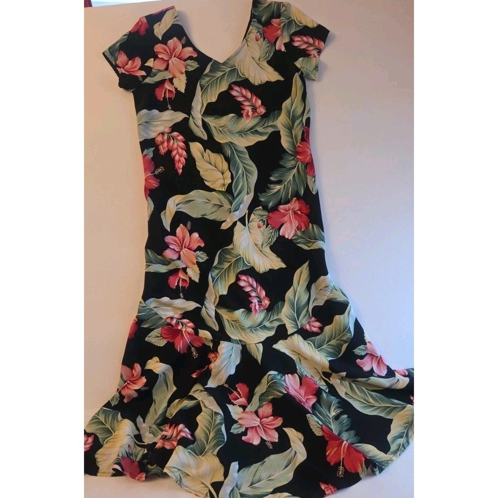 Kaua'iana Hawaiian Dress Tropical Palm Rayon Flare Black Floral Sz XS - Picture 4 of 11